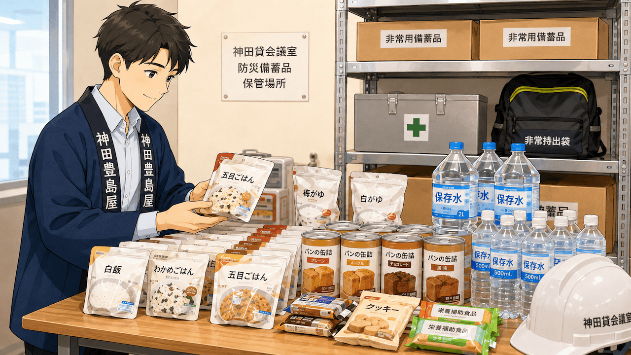 保管場所でアルファ米、缶入りパン、保存水などの非常用備蓄品を並べて確認している様子のイラスト