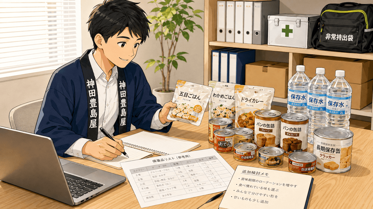 備蓄品リストと追加検討メモを机に広げ、アルファ米や缶詰を前に在庫を書き出している様子のイラスト